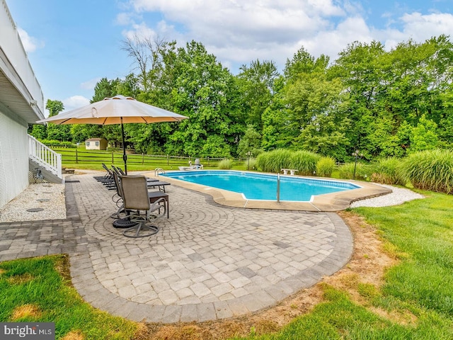 view of swimming pool featuring a yard, a shed, and a patio