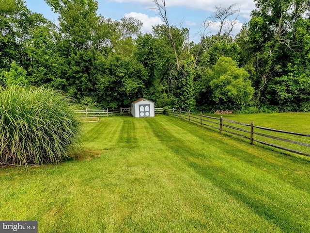 view of yard featuring a shed and a rural view