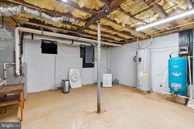 unfinished below grade area featuring electric water heater and electric panel