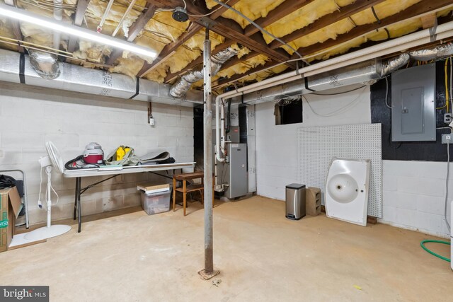 unfinished basement with electric panel, heating unit, and concrete block wall