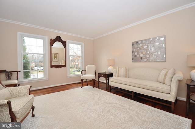 living room featuring crown molding and dark hardwood / wood-style floors