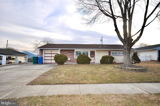 single story home with a garage and a front yard