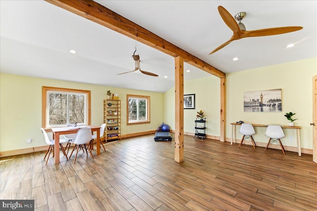 workout area with lofted ceiling, recessed lighting, a ceiling fan, and wood finished floors