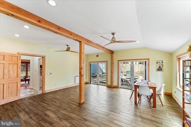 dining room featuring baseboards, a ceiling fan, wood finished floors, vaulted ceiling with beams, and recessed lighting