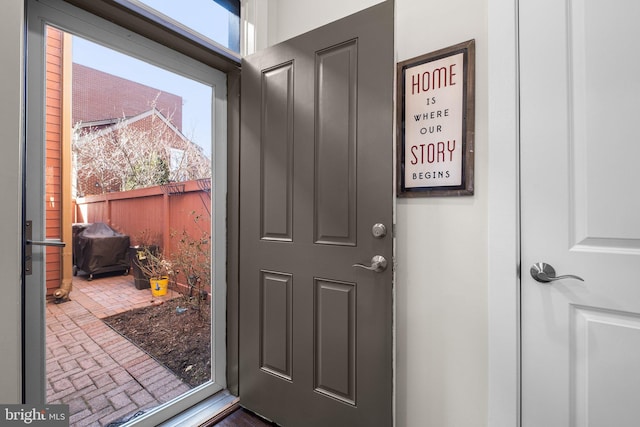 entryway featuring brick floor and plenty of natural light