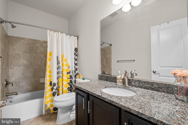 bathroom featuring shower / bath combo, visible vents, toilet, tile patterned flooring, and vanity