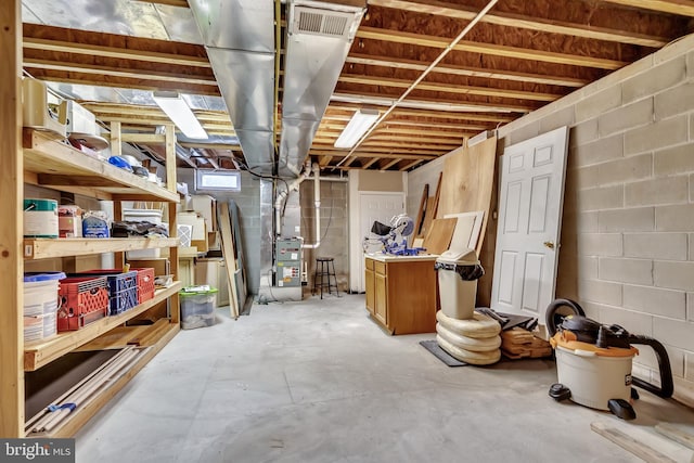 basement featuring heating unit