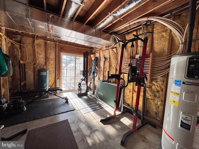 workout room featuring water heater