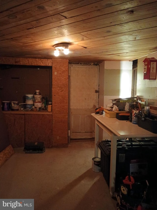 basement featuring wood ceiling