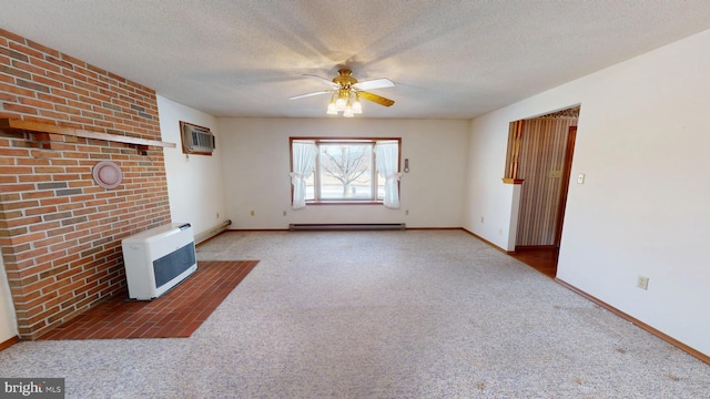 unfurnished living room featuring a wall mounted air conditioner, carpet, heating unit, and a baseboard heating unit