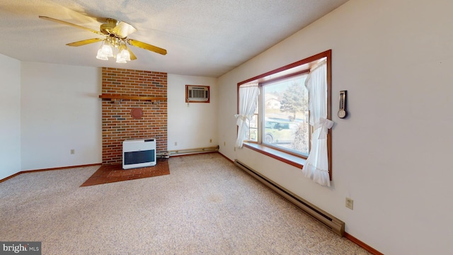 unfurnished living room featuring heating unit, a textured ceiling, baseboard heating, carpet flooring, and ceiling fan