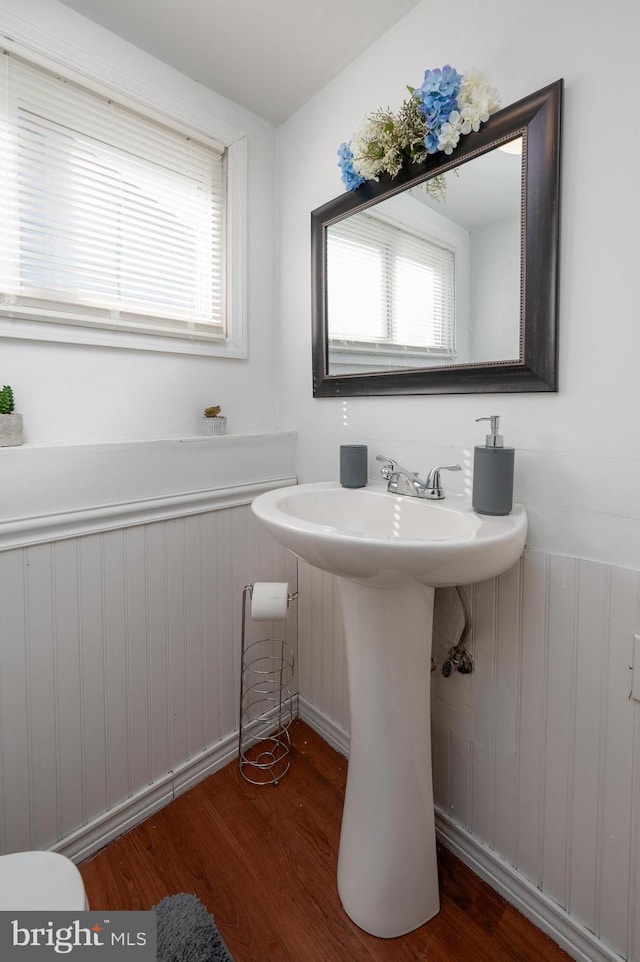 bathroom with radiator heating unit, sink, and hardwood / wood-style floors