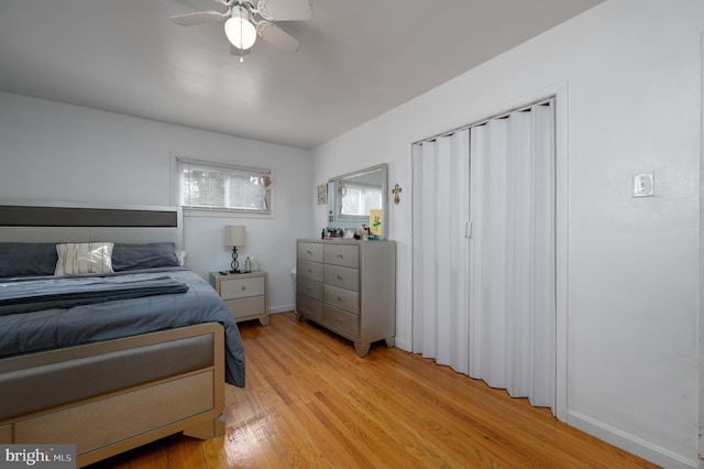 bedroom featuring ceiling fan and light wood-type flooring