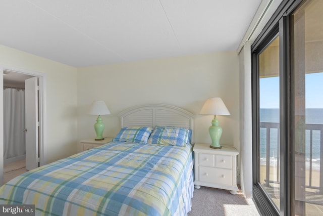 carpeted bedroom with a water view