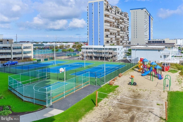 exterior space featuring a playground and basketball court