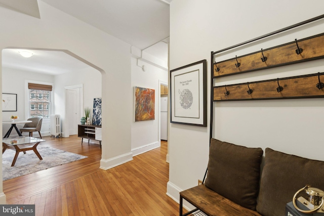 corridor featuring radiator and light hardwood / wood-style flooring