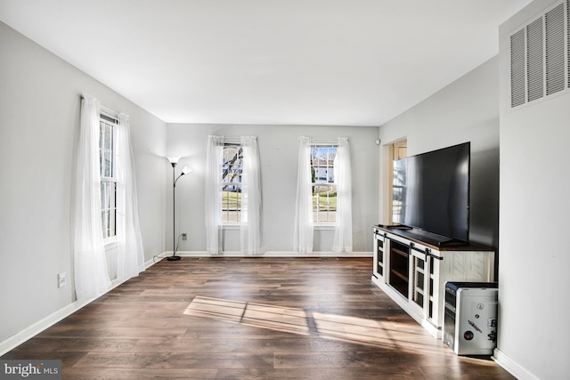 unfurnished living room with dark hardwood / wood-style flooring