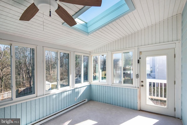 unfurnished sunroom featuring lofted ceiling with skylight, wooden ceiling, ceiling fan, and baseboard heating