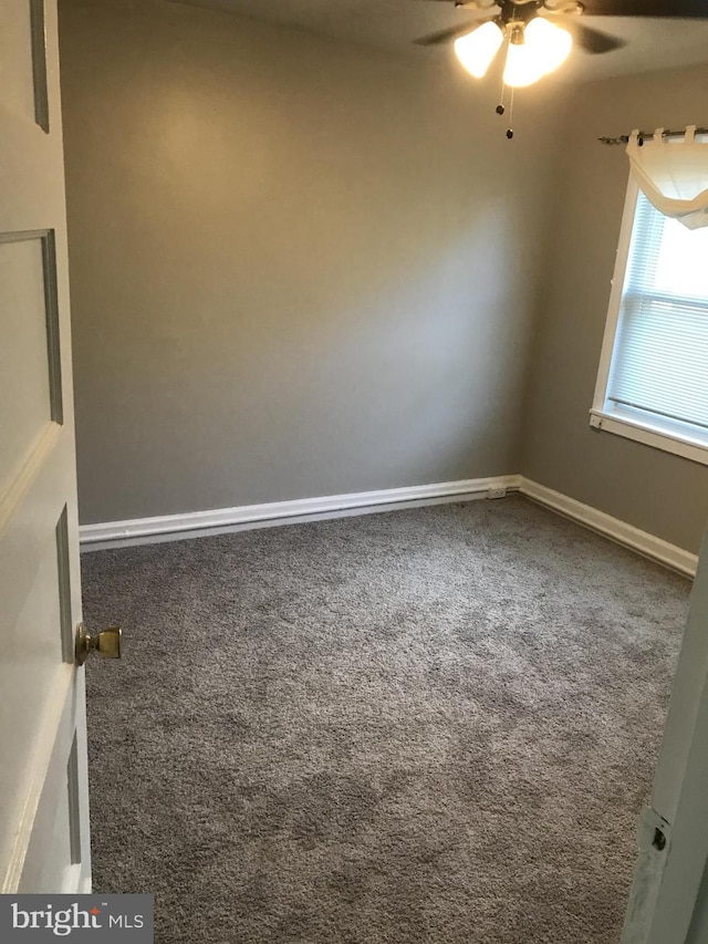 carpeted spare room with ceiling fan