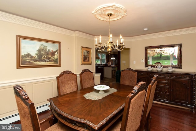 dining room featuring crown molding, a baseboard radiator, dark hardwood / wood-style floors, and a notable chandelier