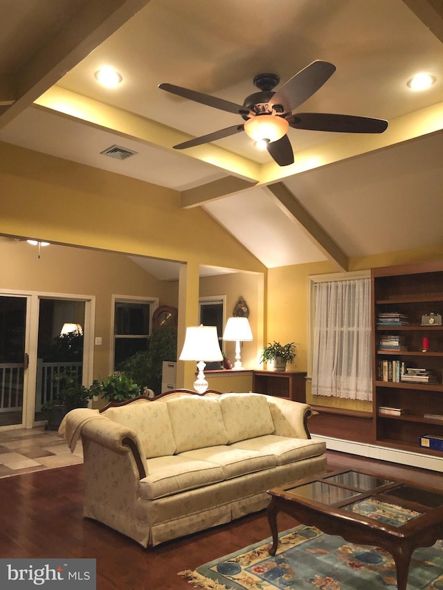 living room with wood-type flooring, vaulted ceiling with beams, ceiling fan, and baseboard heating