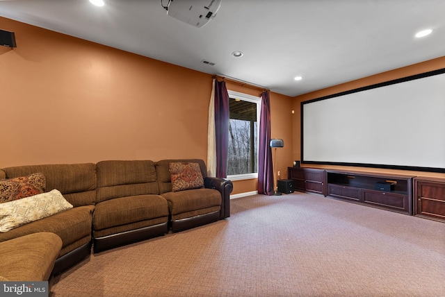 home theater room featuring carpet, visible vents, baseboards, and recessed lighting