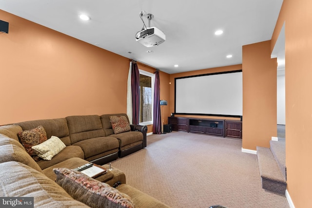 cinema room with baseboards, carpet flooring, and recessed lighting