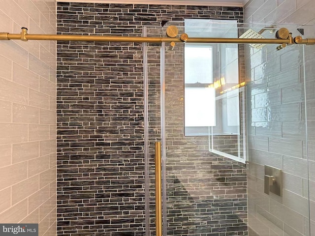 bathroom with a shower with door and a wealth of natural light