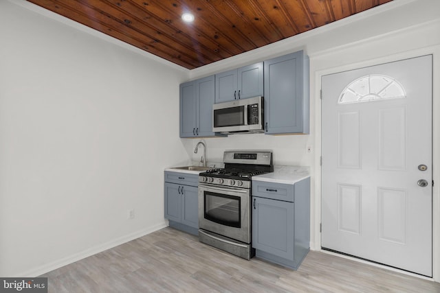 kitchen with wooden ceiling, a sink, light wood-style floors, light countertops, and appliances with stainless steel finishes