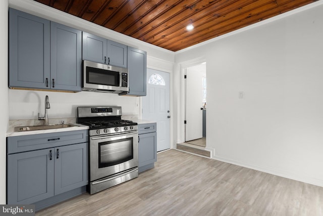 kitchen with light countertops, appliances with stainless steel finishes, a sink, light wood-type flooring, and wooden ceiling