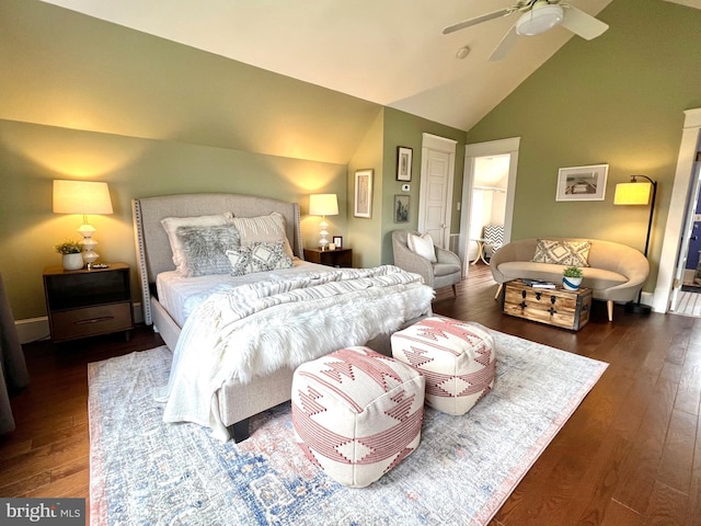 bedroom featuring high vaulted ceiling, dark hardwood / wood-style floors, and ceiling fan