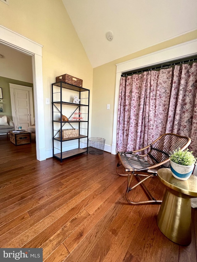 living area featuring wood-type flooring and high vaulted ceiling