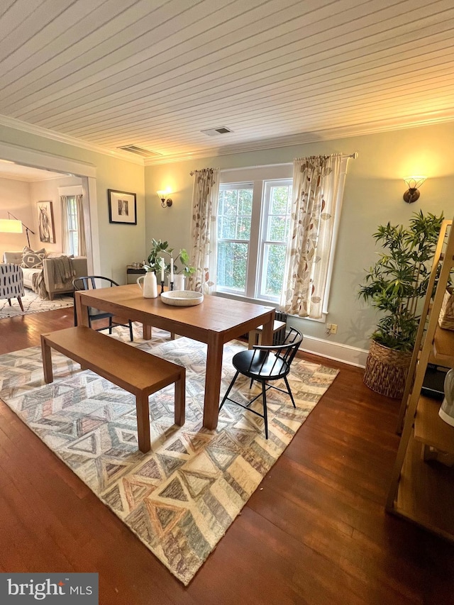 dining space with crown molding, plenty of natural light, hardwood / wood-style floors, and wooden ceiling