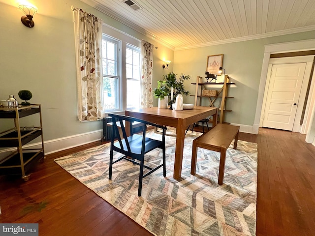 dining room with ornamental molding, dark hardwood / wood-style floors, and wooden ceiling