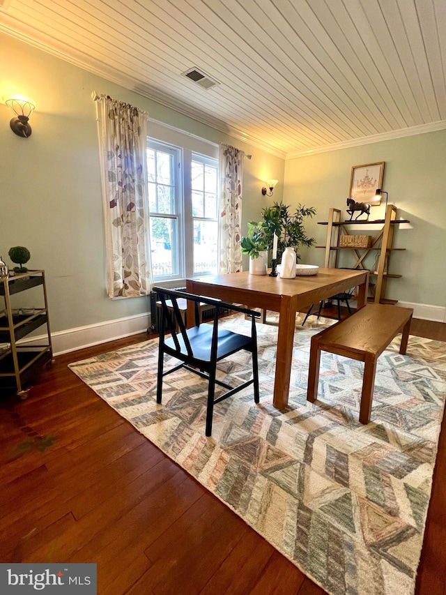 dining space with wood-type flooring, wooden ceiling, and crown molding