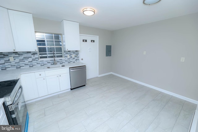 kitchen with white cabinetry, stainless steel dishwasher, white electric range, and sink