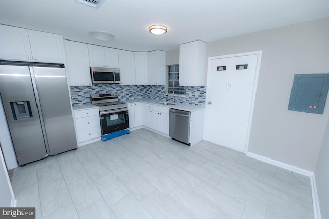 kitchen with sink, tasteful backsplash, appliances with stainless steel finishes, electric panel, and white cabinets