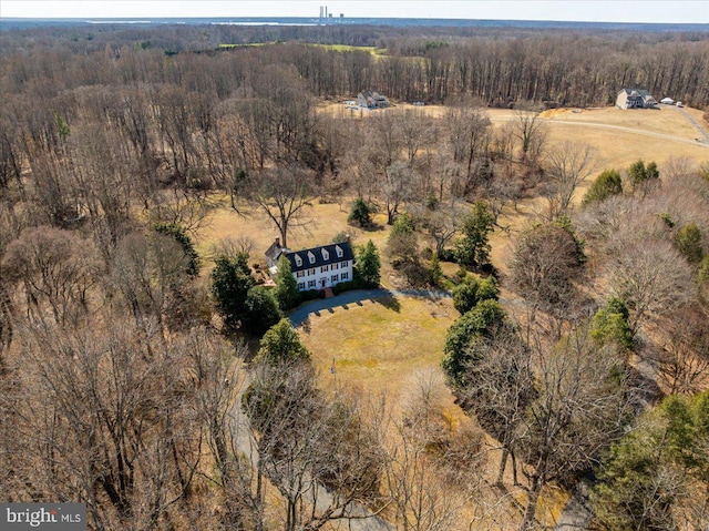 birds eye view of property with a rural view and a wooded view