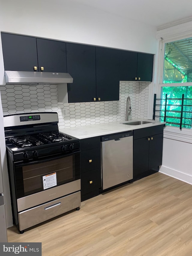 kitchen with sink, gas stove, tasteful backsplash, light wood-type flooring, and stainless steel dishwasher