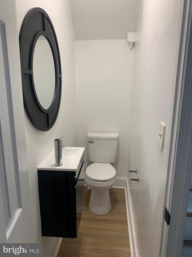 bathroom featuring vanity, wood-type flooring, and toilet