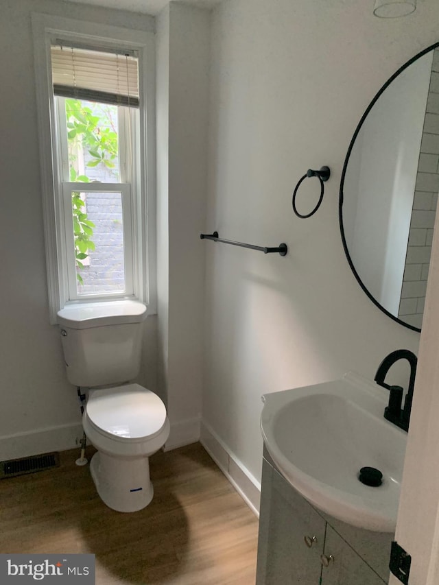 bathroom featuring vanity, wood-type flooring, and toilet