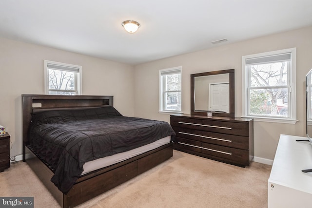 bedroom featuring multiple windows and light carpet