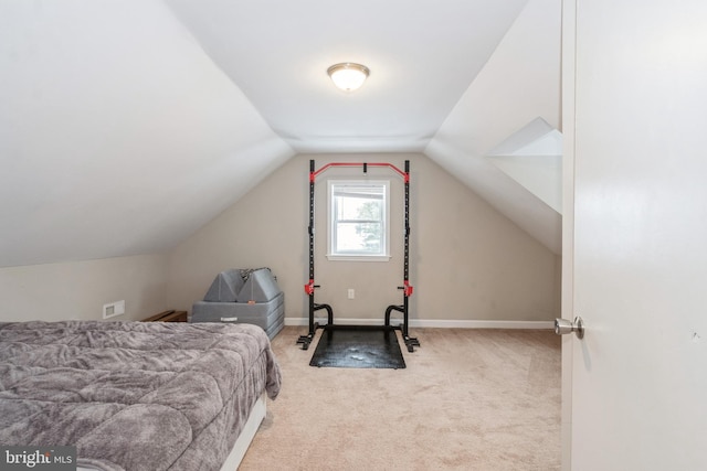 bedroom with carpet and lofted ceiling