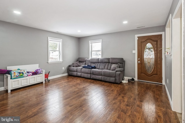 living room with dark wood-type flooring