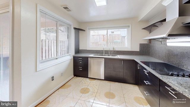 kitchen with sink, tasteful backsplash, black electric stovetop, stainless steel dishwasher, and exhaust hood