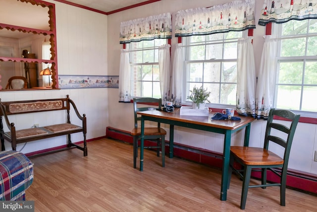 office with light wood finished floors, a wealth of natural light, and crown molding