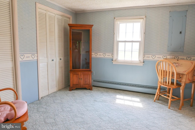 living area with wallpapered walls, electric panel, a wainscoted wall, carpet, and baseboard heating