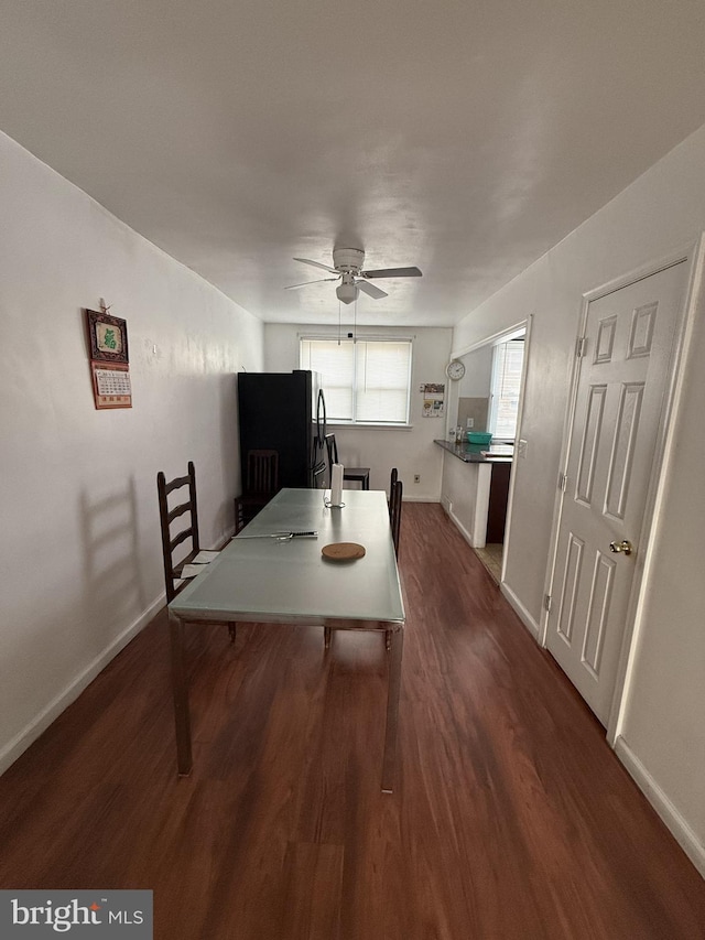 dining area featuring ceiling fan and dark hardwood / wood-style flooring