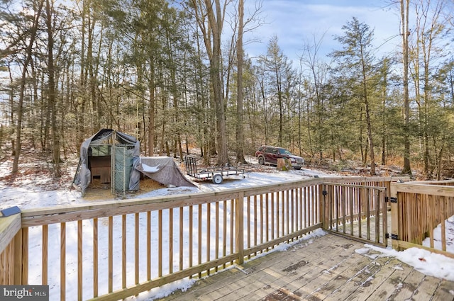 view of snow covered deck