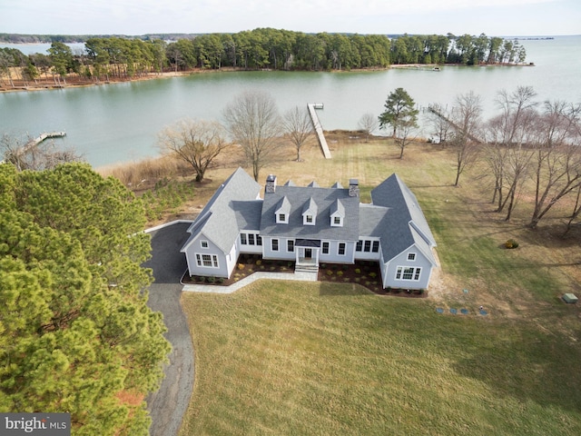 drone / aerial view featuring a water view